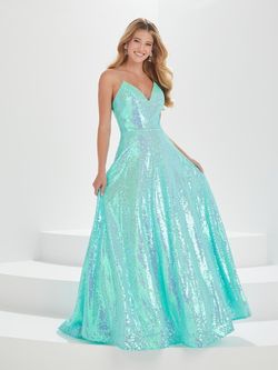 Style 16002 Tiffany Designs Blue Size 14 V Neck Cut Out Teal Ball gown on Queenly