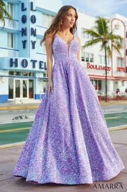 Style 88625 Amarra Purple Size 12 Pockets Plunge Corset Tall Height Sequin Ball gown on Queenly