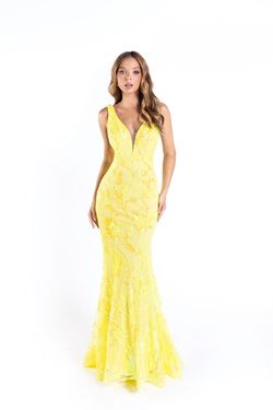 Style 1230 Lucci Lu Yellow Size 10 Tulle Floor Length Jewelled Mermaid Dress on Queenly