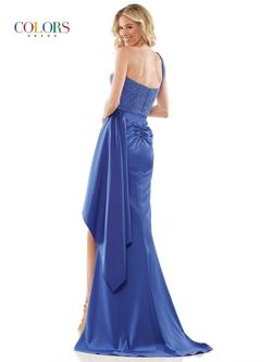 Style 2865 Colors Blue Size 6 Black Tie Satin Side slit Dress on Queenly