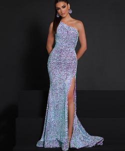 Style 23209 2Cute Prom Light Blue Size 8 One Shoulder Floor Length Side slit Dress on Queenly