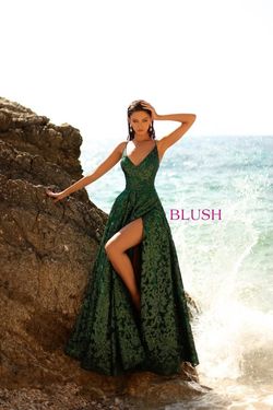 Style 5882 Blush Prom Green Size 4 Jewelled Tulle Tall Height Side slit Dress on Queenly