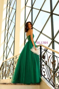 Style 5885 Blush Prom Green Size 14 Plus Size Shiny Lace Floor Length Emerald Ball gown on Queenly