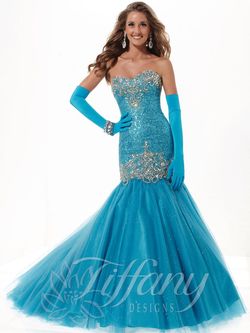 Style 16737 Tiffany Designs Blue Size 8 Floor Length Sequined Train Mermaid Dress on Queenly
