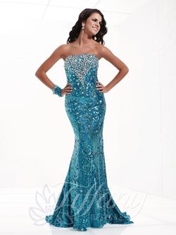 Style 16761 Tiffany Designs Blue Size 2 Floor Length Strapless Turquoise Tall Height Straight Dress on Queenly