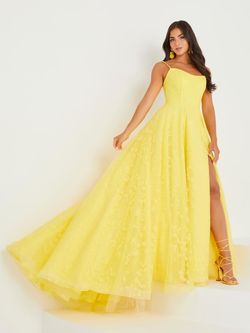 Style 16034 Tiffany Designs Yellow Size 2 Tall Height Train A-line Side slit Dress on Queenly