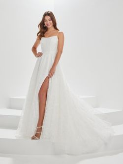 Style 16034 Tiffany Designs White Size 0 Tall Height Train A-line Side slit Dress on Queenly