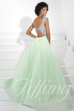 Style 16085 Tiffany Designs Green Size 12 Jewelled Train Silk Ball gown on Queenly