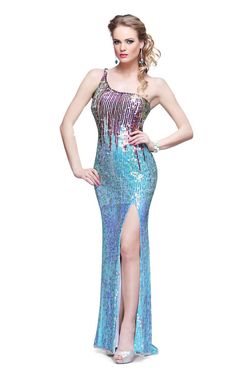 Style 9712 Primavera Blue Size 6 Sheer Tall Height One Shoulder Prom Side slit Dress on Queenly