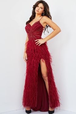 Style 08060 Jovani Red Size 8 Floor Length Burgundy Pageant Side slit Dress on Queenly