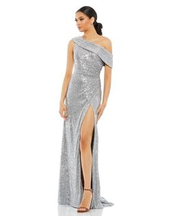 Style 26550I Mac Duggal Silver Size 8 Floor Length Side slit Dress on Queenly