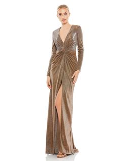 Style 26194i Mac Duggal Gold Size 12 Euphoria Side slit Dress on Queenly
