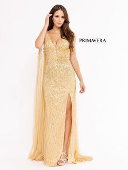 Style 3971 Primavera Gold Size 18 Floor Length Plus Size Pageant Side slit Dress on Queenly