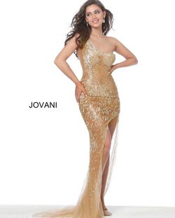 Style 02494 Jovani Gold Size 8 Black Tie Prom Side slit Dress on Queenly