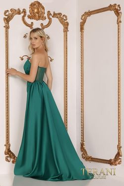 Style 2111P4020 Terani Couture Green Size 8 Silk Tall Height Satin Side slit Dress on Queenly