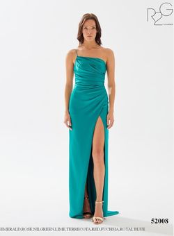 Style 52008 Tarik Ediz Green Size 10 Tall Height Black Tie Silk Side slit Dress on Queenly