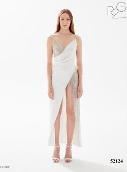 Style 52124 Tarik Ediz White Size 4 Floor Length Tall Height Ivory Side slit Dress on Queenly
