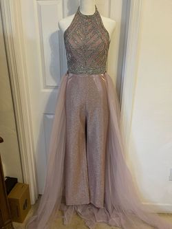 Rachel Allan Pink Size 2 Floor Length Overskirt Shiny Jumpsuit Dress on Queenly