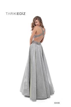 Style 50436 Tarik Ediz Silver Size 6 Floor Length A-line Dress on Queenly