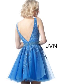 Style JVN68267 Jovani Blue Size 0 Tall Height Flare Midi Cocktail Dress on Queenly