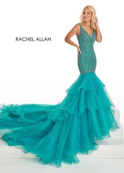 Style 5099 Rachel Allan Green Size 8 Tall Height V Neck Mermaid Dress on Queenly