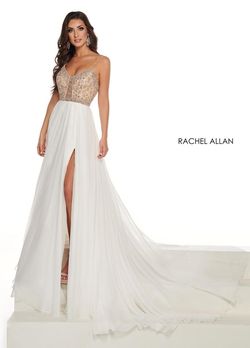 Style 50010 Rachel Allan White Size 2 Floral Jewelled Side slit Dress on Queenly