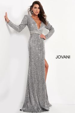 Style 05946 Jovani Silver Size 14 Sequined Sequin Jewelled Side slit Dress on Queenly
