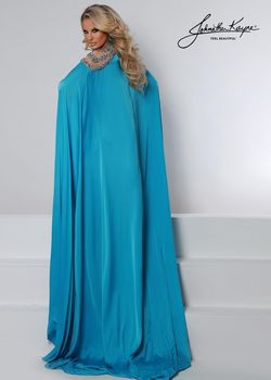 Style 2628 Johnathan Kayne Blue Size 12 Sheer Teal Floor Length Side slit Dress on Queenly