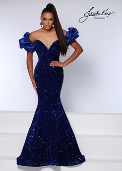 Style 2641 Johnathan Kayne Blue Size 24 Velvet Jersey Sequin Sequined Mermaid Dress on Queenly