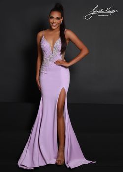 Style 2674 Johnathan Kayne Purple Size 12 Tall Height Black Tie Jersey Sheer Side slit Dress on Queenly
