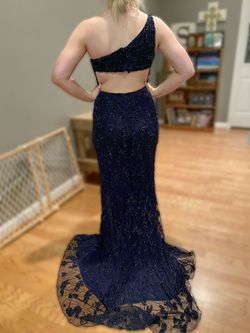 Sherri Hill Blue Size 4 Black Tie Side slit Dress on Queenly
