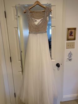 Sherri Hill White Size 4 Floor Length Pearls Tulle Straight Dress on Queenly