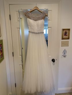 Sherri Hill White Size 4 Jewelled Beaded Top Floor Length Pearls Straight Dress on Queenly