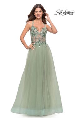 La Femme Light Green Size 4 Sheer Sequined Prom Side slit Dress on Queenly