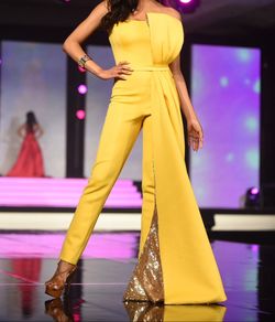 Jovani Yellow Size 2 Fun Fashion Free Shipping Jersey Floor Length Jumpsuit Dress on Queenly