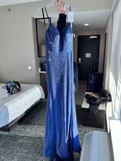 Sherri Hill Blue Size 6 Floor Length Navy Side slit Dress on Queenly