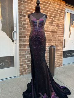 Style JVN07212 Jovani Purple Size 8 Plunge Tall Height Black Tie Straight Dress on Queenly