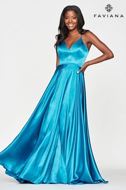 Style S10209 Faviana Blue Size 4 Military Floor Length Corset Tall Height A-line Dress on Queenly