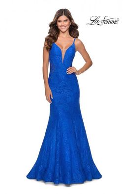 Style 28355 La Femme Blue Size 6 Tall Height Black Tie V Neck Mermaid Dress on Queenly