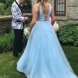 Sherri Hill Blue Size 4 Plunge Pageant Ball gown on Queenly
