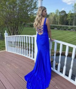 Johnathan Kayne Blue Size 6 Sheer Train Floor Length Mermaid Dress on Queenly