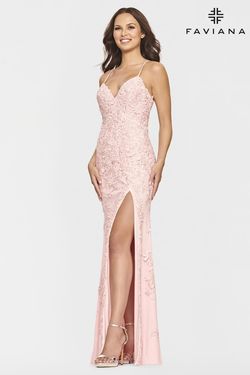 Style S10812 Faviana Pink Size 10 Tulle Tall Height V Neck Lace Side slit Dress on Queenly