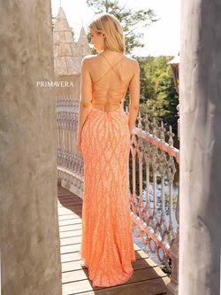Style 3959 Primavera Orange Size 0 Floor Length Coral Tall Height Side slit Dress on Queenly