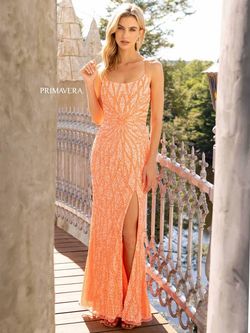 Style 3959 Primavera Orange Size 0 Floor Length Coral Tall Height Side slit Dress on Queenly
