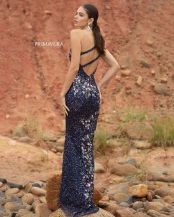 Style 3928 Primavera Couture Blue Size 2 Jewelled Black Tie Sequin Side slit Dress on Queenly