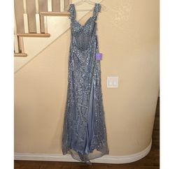 Style Dusty Blue Sequined Sheer Corset Mermaid Formal Gown Cinderella Divine Blue Size 8 Train Fringe Sleeves Mermaid Dress on Queenly