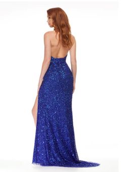 Ashley Lauren Blue Size 6 Train Sequin Medium Height Side slit Dress on Queenly