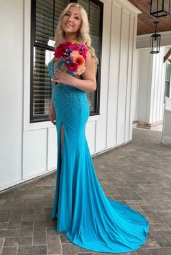 Mori Lee Blue Size 8 Prom Floor Length Side slit Dress on Queenly