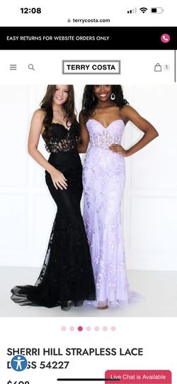 Style  54227 SHERRI HILL STRAPLESS LACE DRESS  Purple Size 00 Floor Length Straight Dress on Queenly