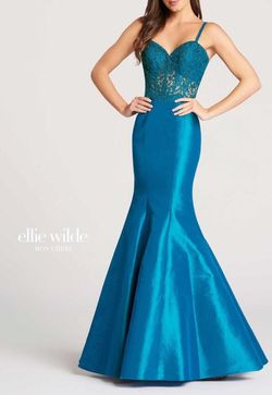 Mon Cheri Blue Size 6 Beaded Top Floor Length Sheer Mermaid Dress on Queenly